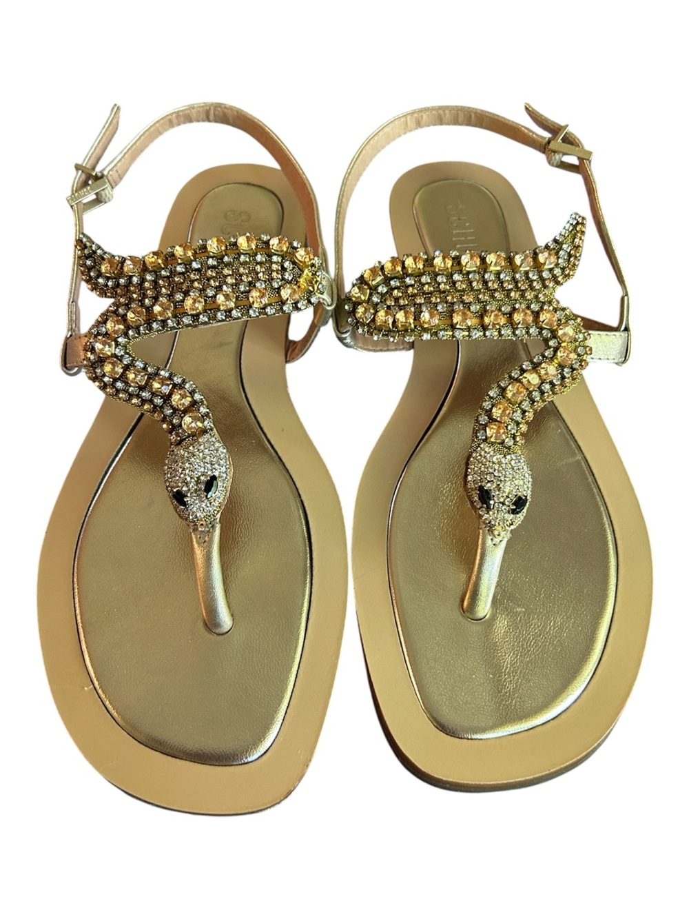 Schutz Shanti Gold Metallic Snake Rhinestone 
Embellished Flat Sandals 7.5
